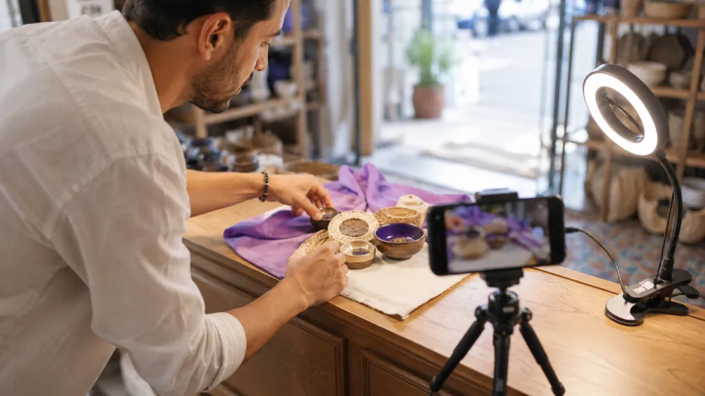Commerçant tunisien qui photographie un produit avec son smartphone pour ses réseaux sociaux