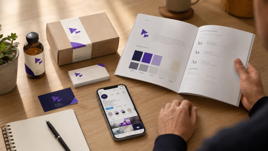 Logo décliné sur plusieurs supports avec guide de marque, couleurs et polices définies