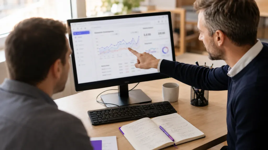 Tableau de suivi de performance connecté à plusieurs canaux marketing, consulté par un conseiller