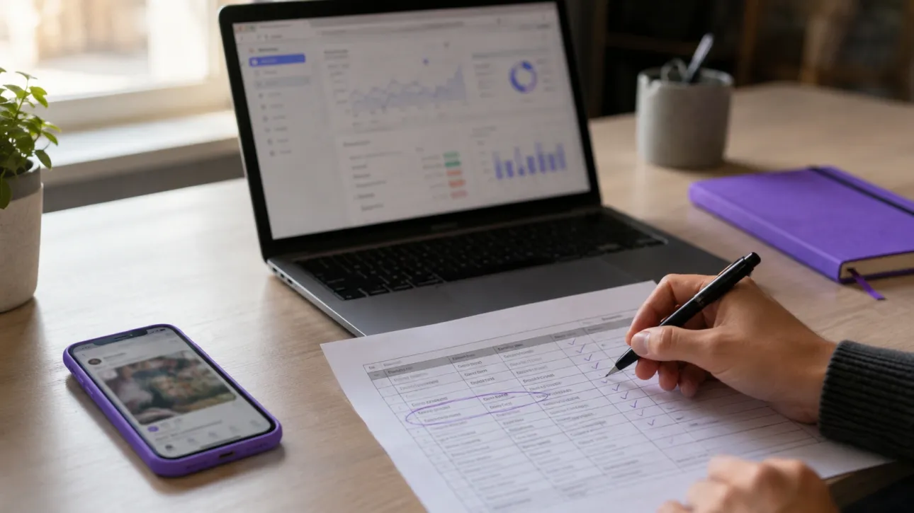 Consultant examinant plusieurs canaux marketing d'une entreprise (site, réseaux, publicité) lors d'un audit