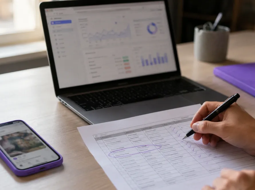 Consultant examinant plusieurs canaux marketing d'une entreprise (site, réseaux, publicité) lors d'un audit