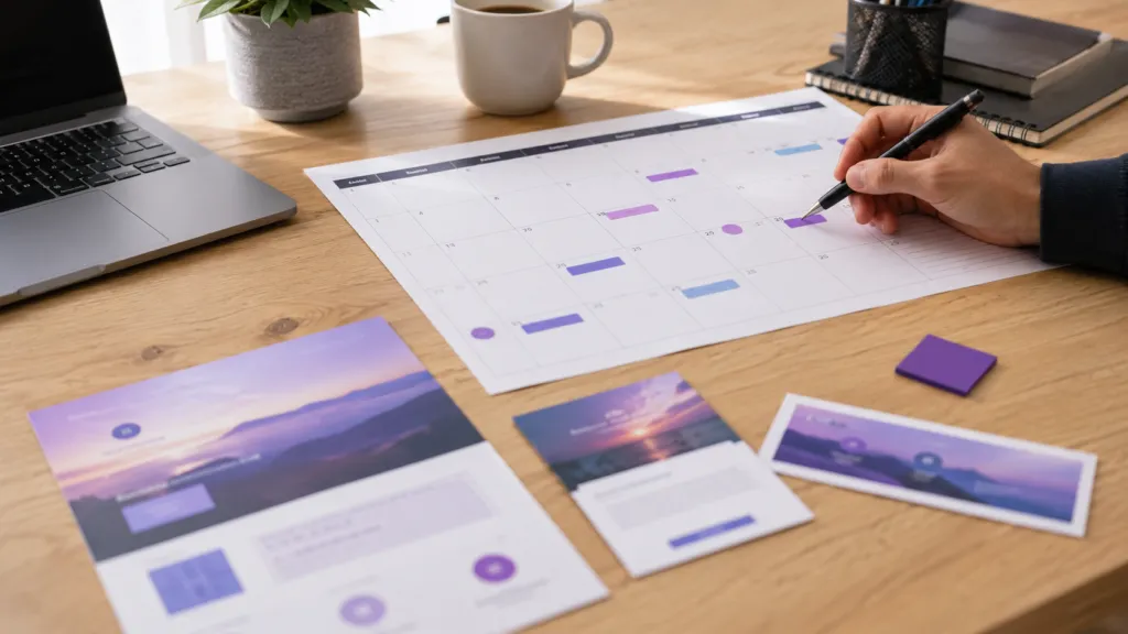 Brief de contenu digital planifié à l'avance avec calendrier d'échéances, pas dans l'urgence