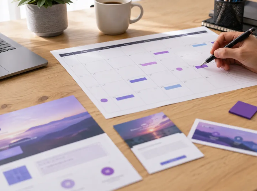 Brief de contenu digital planifié à l'avance avec calendrier d'échéances, pas dans l'urgence