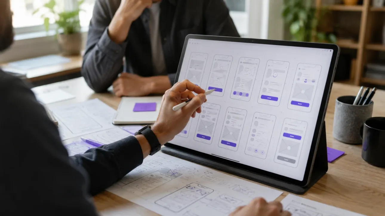 Équipe travaillant sur les maquettes d'une application mobile sur mesure, écrans en cours de conception