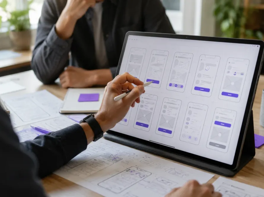 Équipe travaillant sur les maquettes d'une application mobile sur mesure, écrans en cours de conception