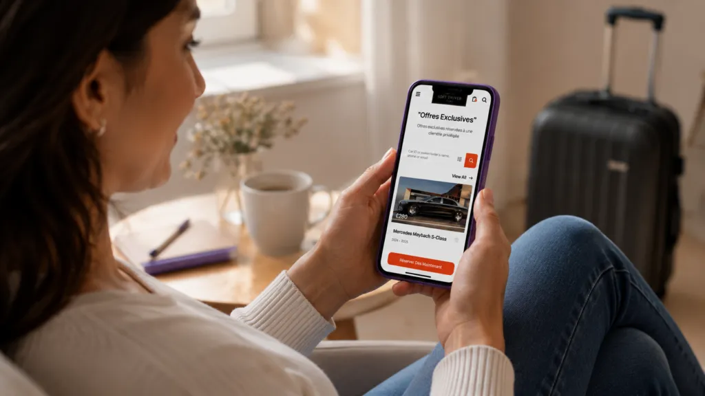 Client réservant un véhicule premium depuis son téléphone via le site Soft Driver Taxi