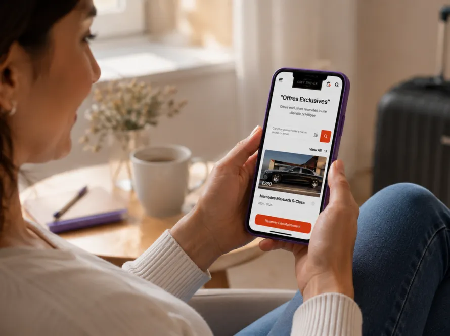 Client réservant un véhicule premium depuis son téléphone via le site Soft Driver Taxi