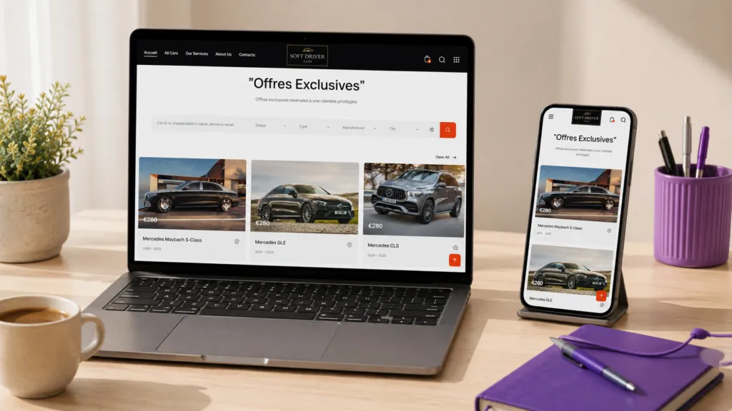 Site Soft Driver Taxi affiché simultanément sur ordinateur portable et smartphone, version responsive